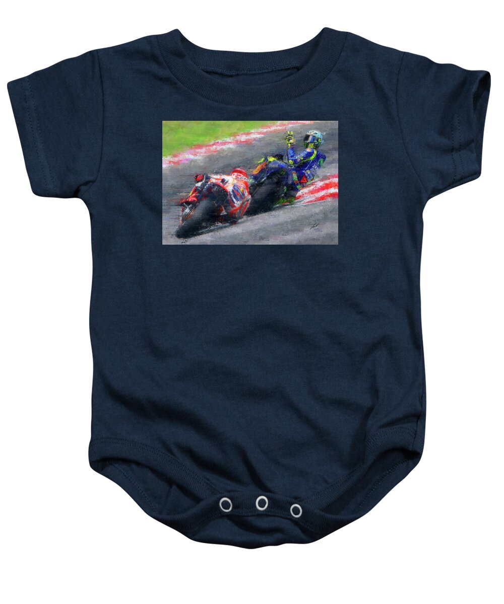 Motorcycle Baby Onesie featuring the painting MOTO GP Rossi vs Marquez by Vart by Vart