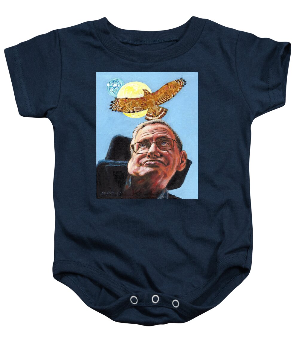 Stephen Hawking Baby Onesie featuring the painting Never Give UP by John Lautermilch