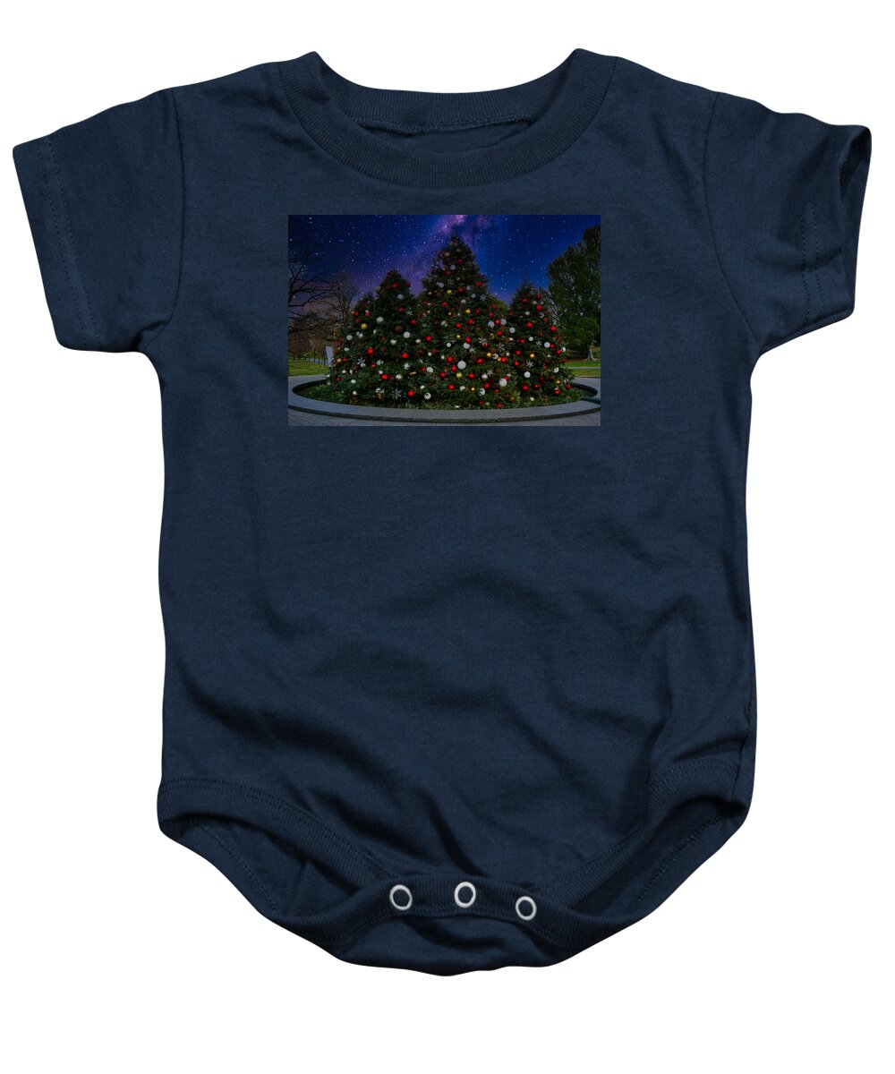 New York Baby Onesie featuring the photograph New York Botanical Garden Christmas Trees and Night Sky by Russel Considine