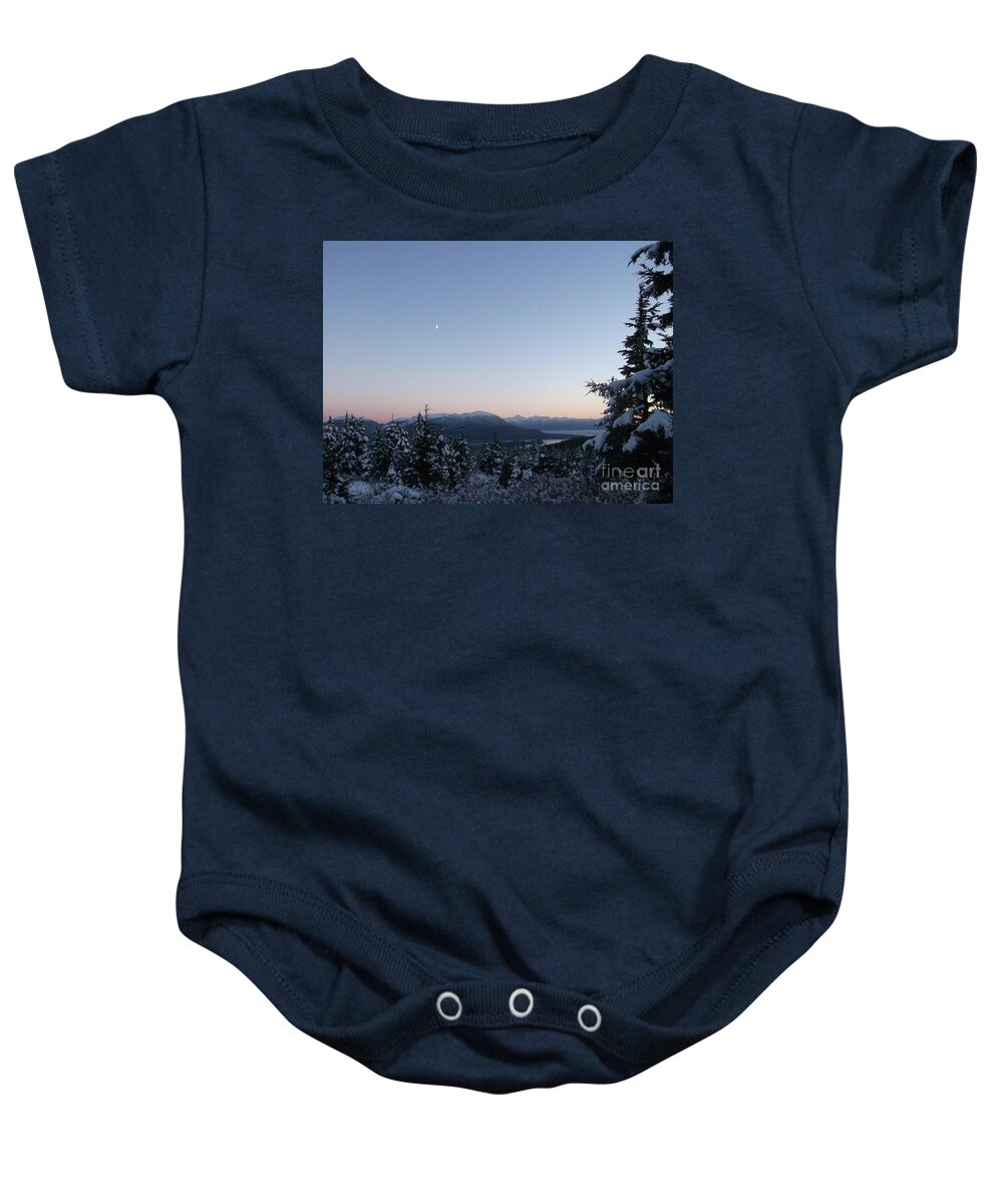 #evening #dusk #sunset #moon #alaska #juneau #ak #cruise #tours #vacation #peaceful #moon #camping #snow #winter #cold Baby Onesie featuring the photograph Nightfall at John Muir cabin by Charles Vice