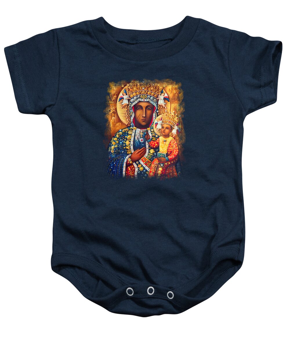 Virgin Mary Baby Onesie featuring the mixed media Our Lady Virgin Mary Vladimir Czestochowa Catholic by Iconography