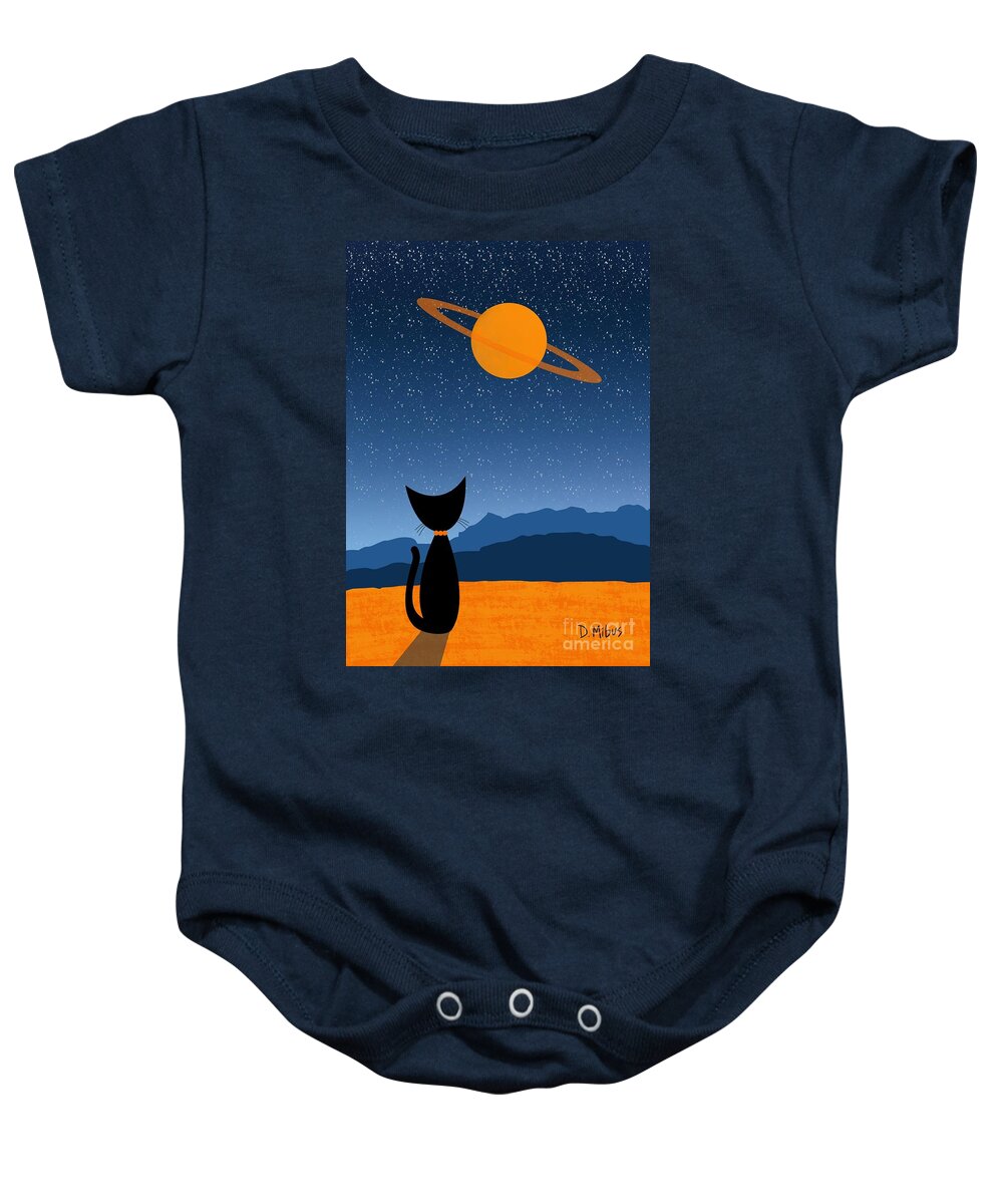 Baby Onesie featuring the digital art Outer Space Cat Admires Ringed Planet 2 by Donna Mibus