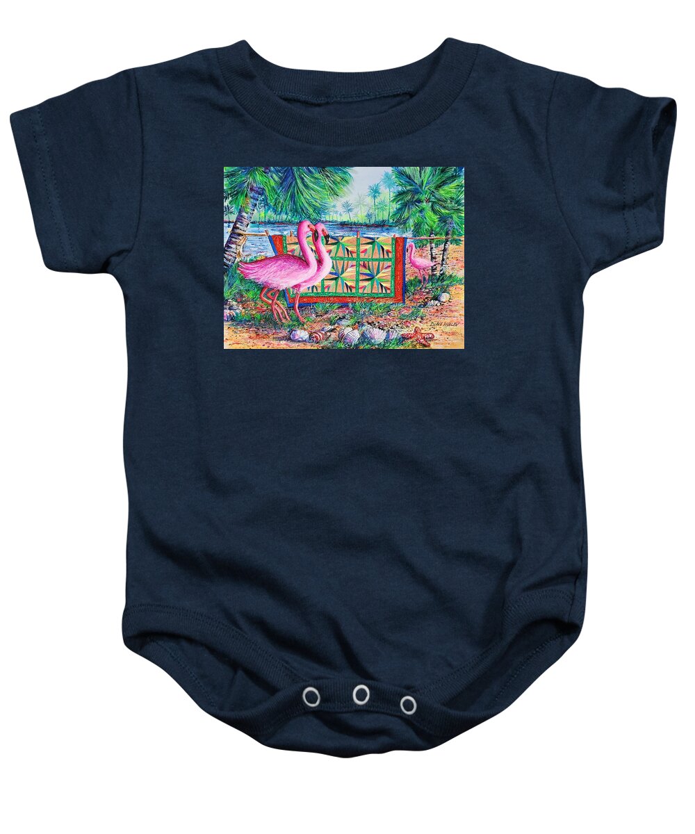 Palm Quilt Baby Onesie featuring the painting Palm Quilt Flamingos by Diane Phalen