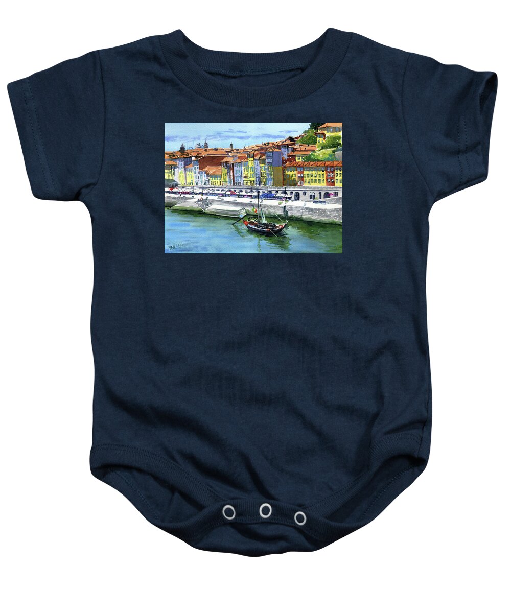 Portugal Baby Onesie featuring the painting Porto Ribeira Painting by Dora Hathazi Mendes