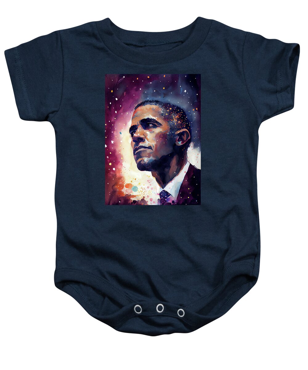 Obama Baby Onesie featuring the digital art President Obama Reaching For The Stars by Mark Tisdale
