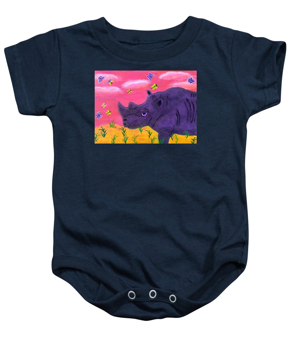  Baby Onesie featuring the painting Purple Rhino by Sue Gurland