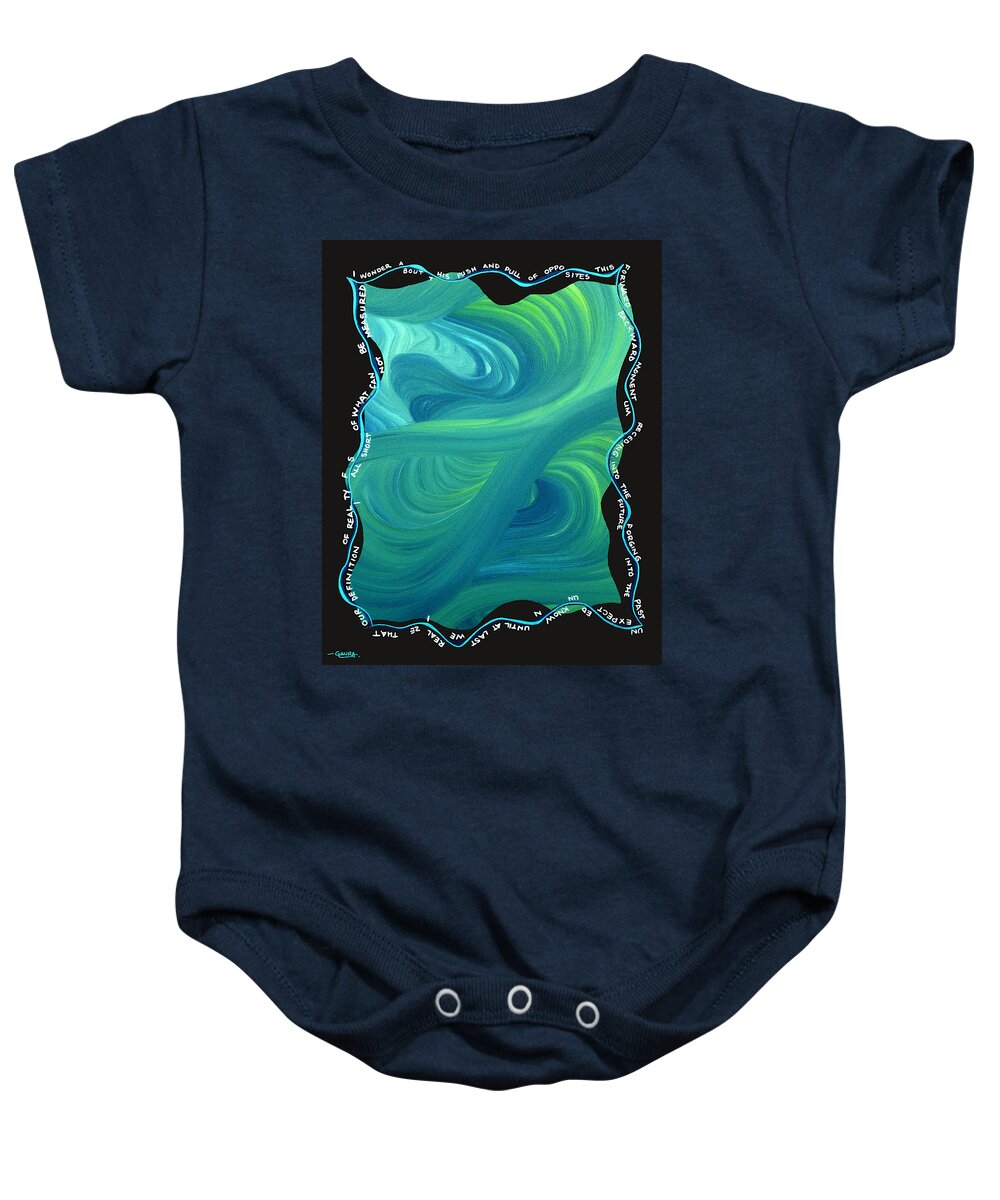 Dreamscape Baby Onesie featuring the mixed media Push and Pull of Opposites by Ginny Gaura