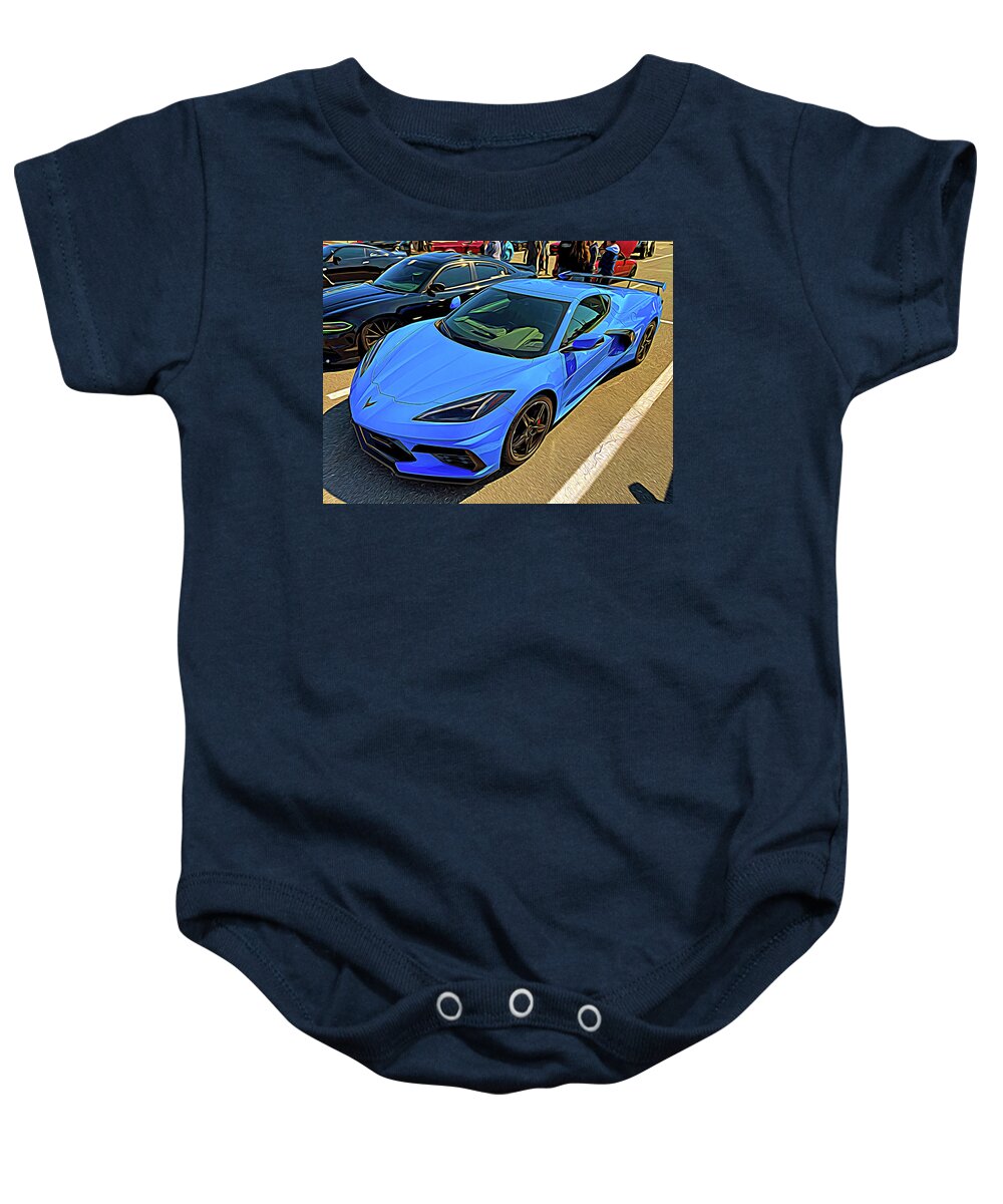 Car Baby Onesie featuring the photograph Rapid Blue Mid Engine Corvette Expressionism by Bill Swartwout