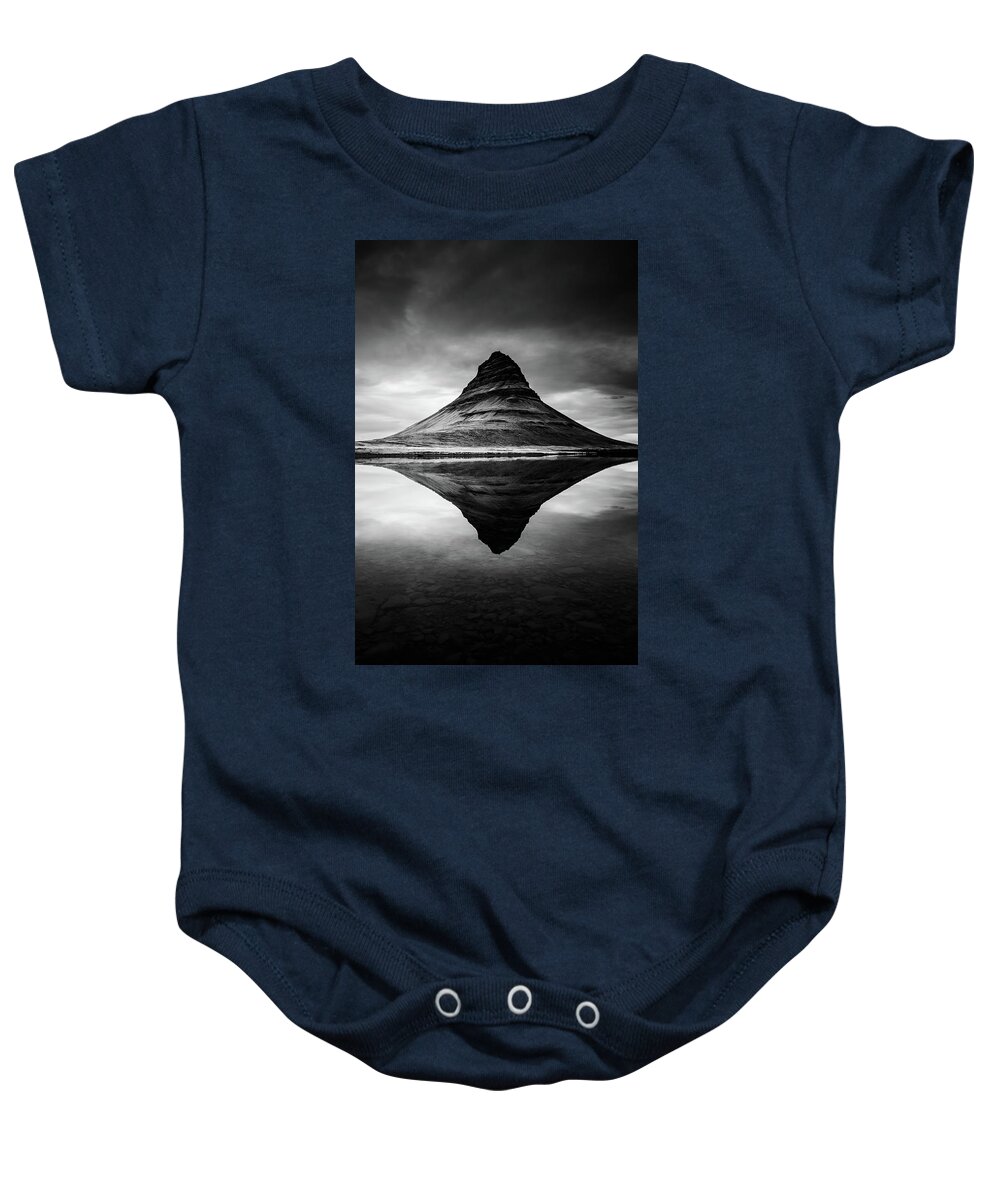 Kirkjufell Baby Onesie featuring the photograph Reflection of Kirkjufell Mountain in Iceland in Black and White by Alexios Ntounas