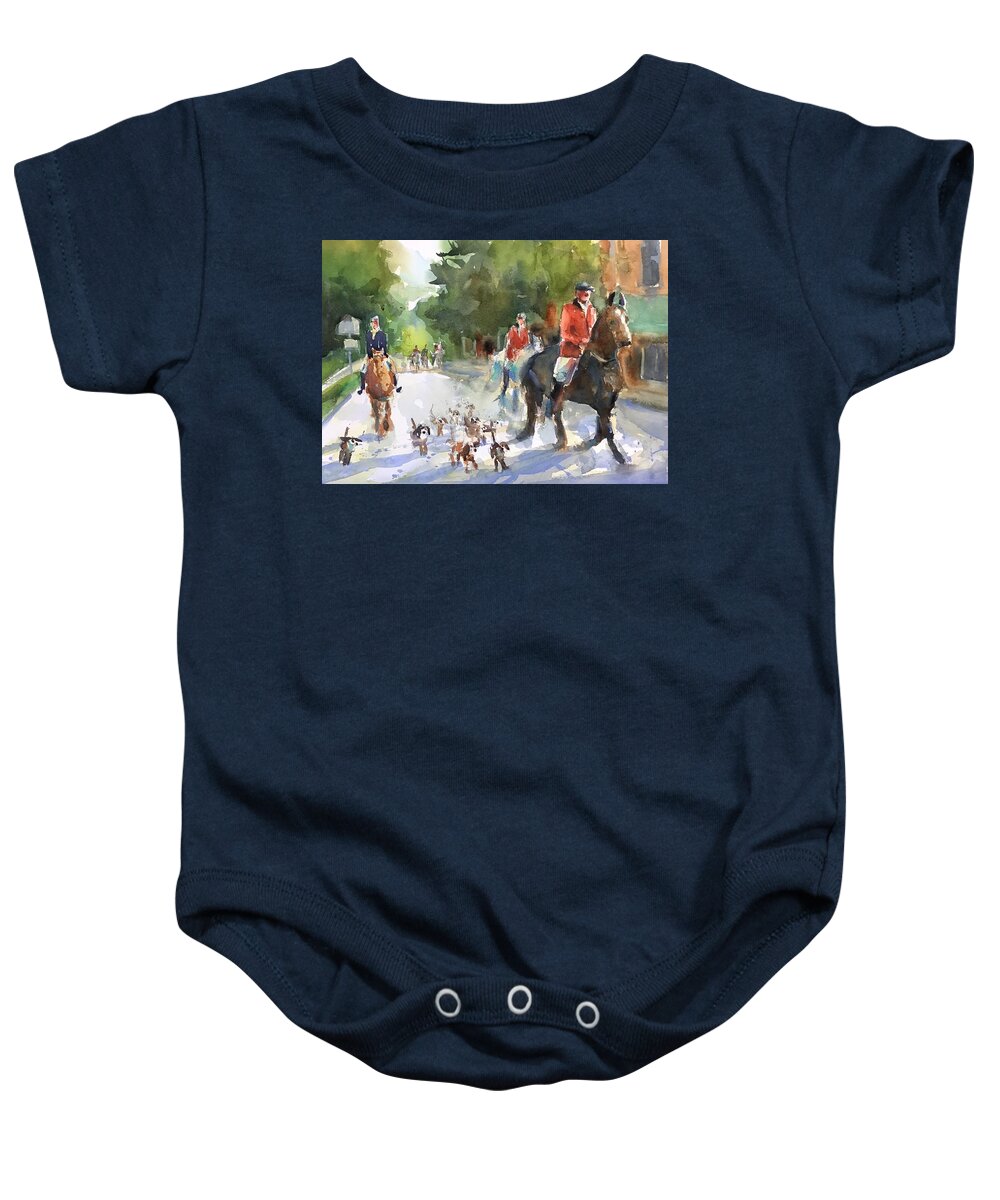 Landscape Baby Onesie featuring the painting Running of the Hounds by Judith Levins