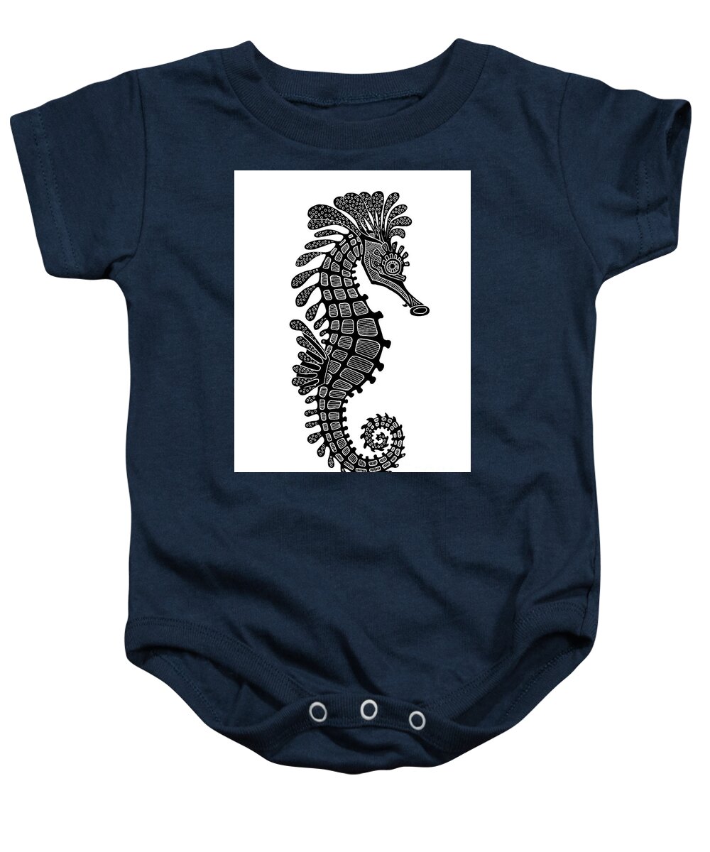 Seahorse Baby Onesie featuring the drawing Seahorse Ink 4 by Amy E Fraser