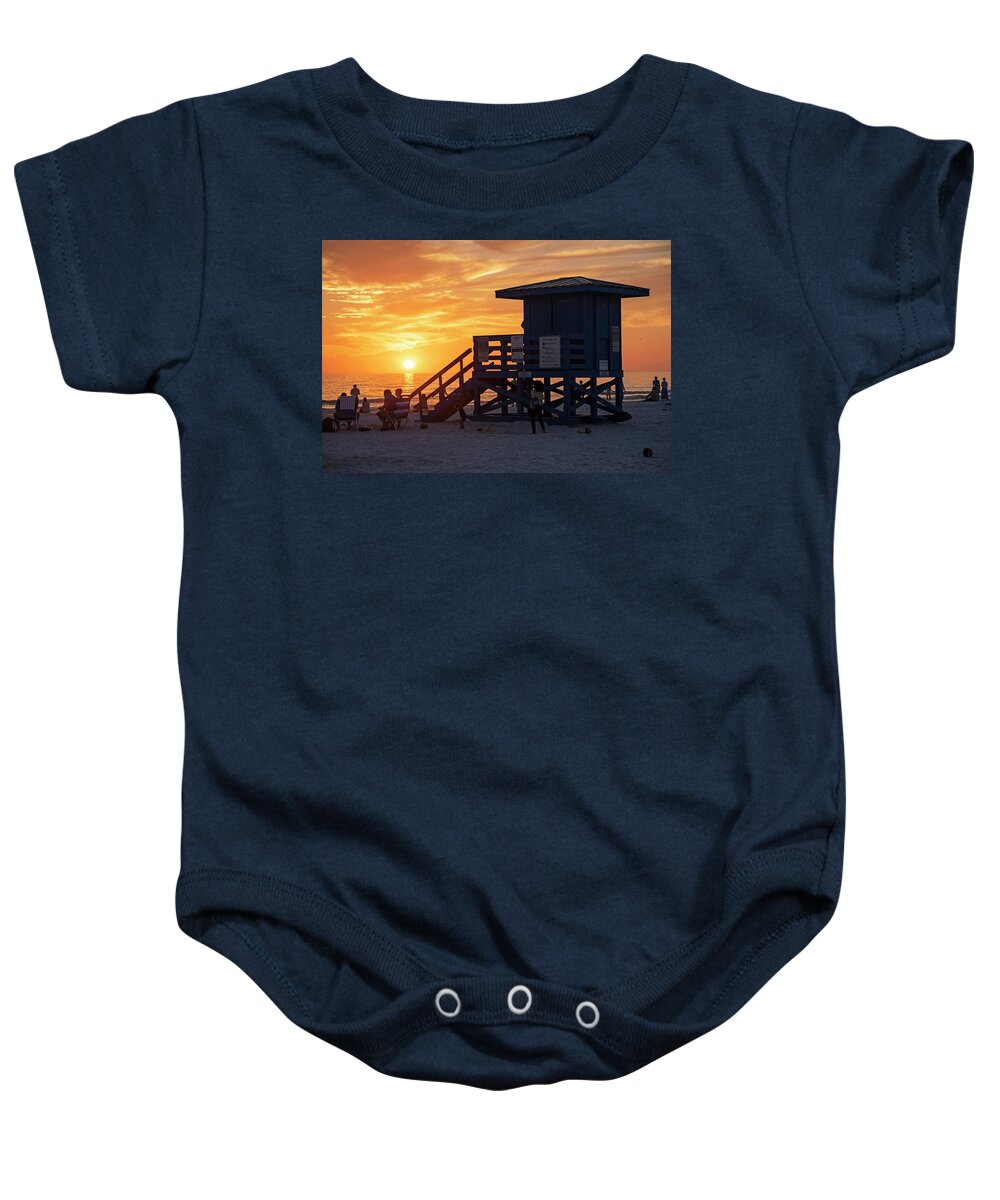 Siesta Baby Onesie featuring the photograph Siesta Key Beach Sunset Sarasota Florida Lifeguard House by Toby McGuire