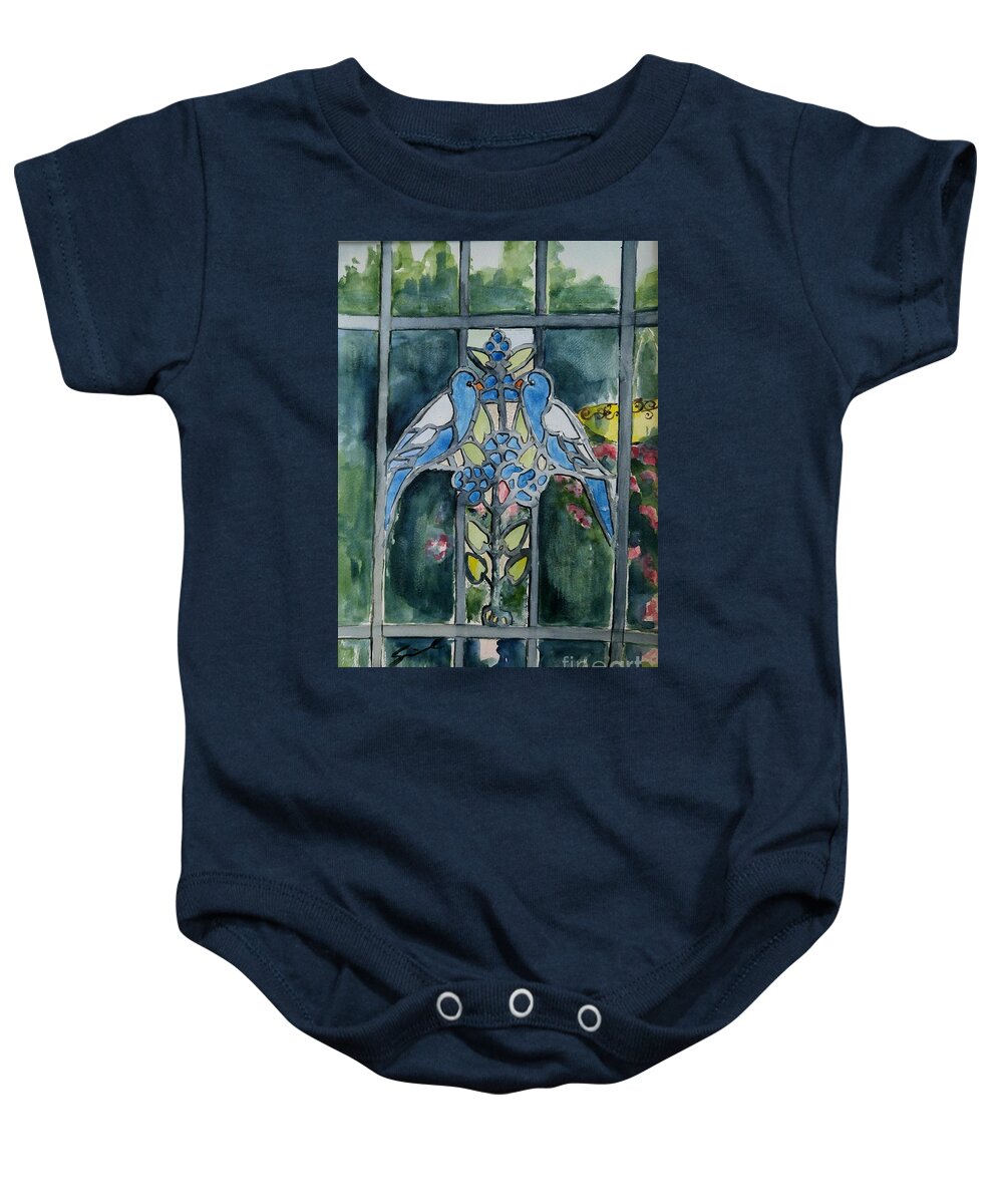 Birds Baby Onesie featuring the painting Stain Glass Birds by Sonia Mocnik