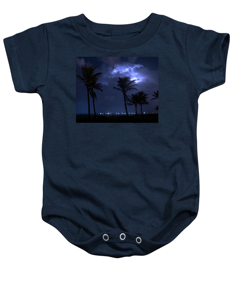 Lightning Baby Onesie featuring the photograph Storms Over the Pier by Mark Andrew Thomas