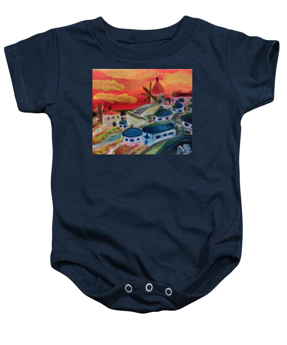 Sunset Baby Onesie featuring the painting Sweet Semi-Santorini by Andrew Blitman
