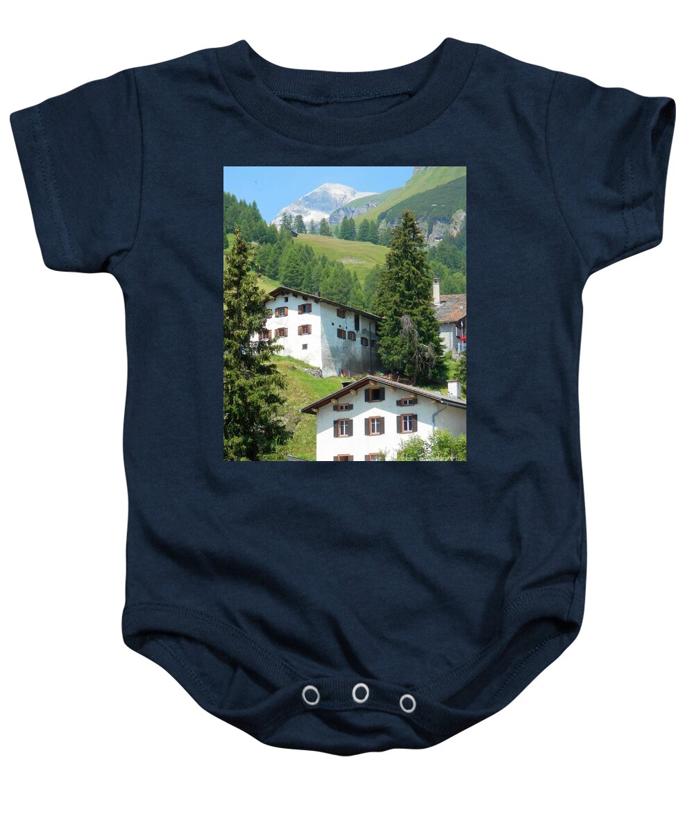 Switzerland Baby Onesie featuring the photograph Swiss Mountain Town, Spluegen by Claudia Zahnd-Prezioso