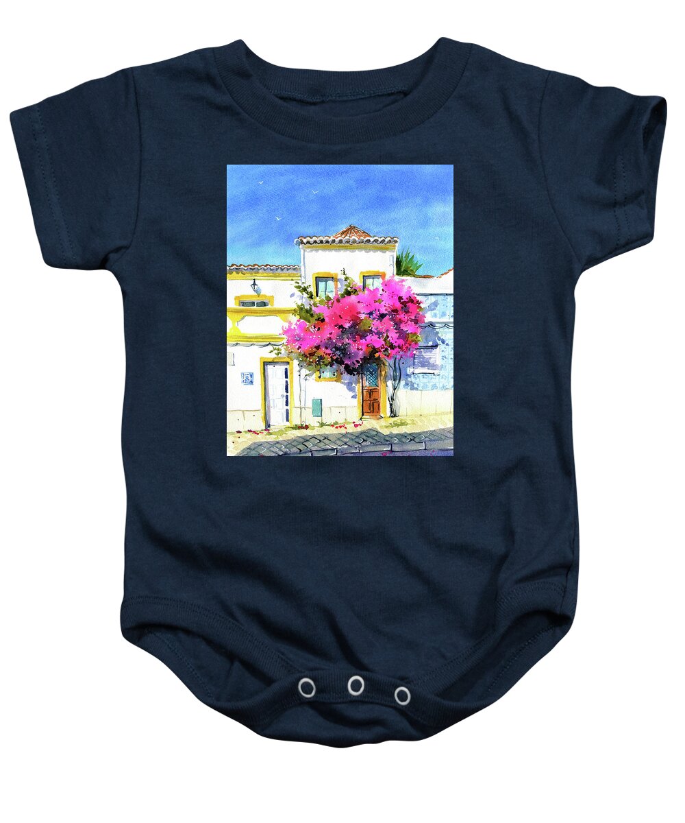 Portugal Baby Onesie featuring the painting Tavira House With Bougainvillea Portugal Painting by Dora Hathazi Mendes