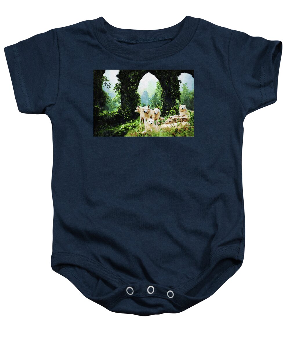 Animal Baby Onesie featuring the mixed media The Castle Guard- White Wolves Wildlife Watercolor by Shelli Fitzpatrick