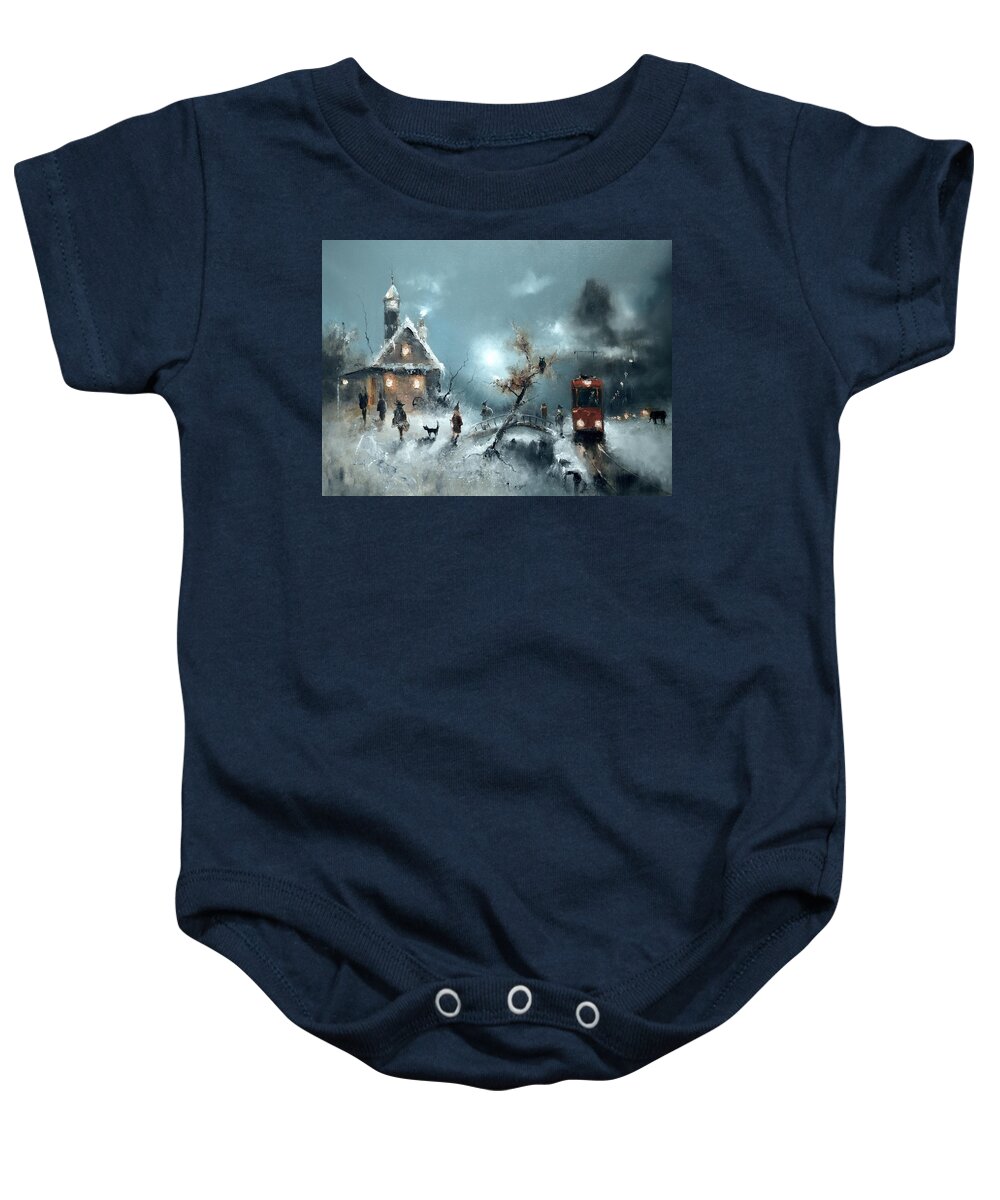 Russian Artists New Wave Baby Onesie featuring the painting The End Stop of Tram by Igor Medvedev