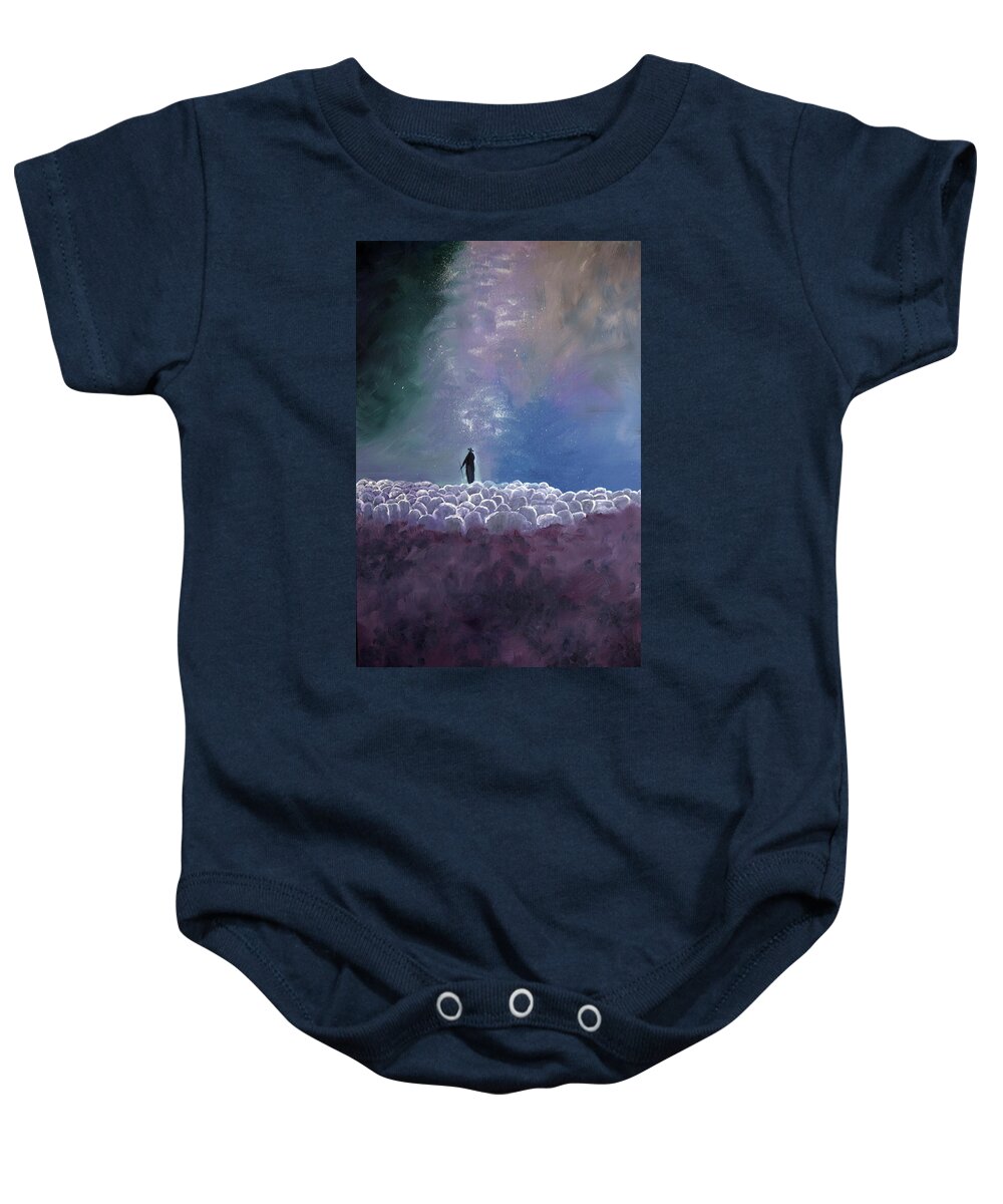 Psalm 23; Shepherd; Sheep; Outdoors Baby Onesie featuring the painting The Lord Is My Shepherd by Evelyn Snyder