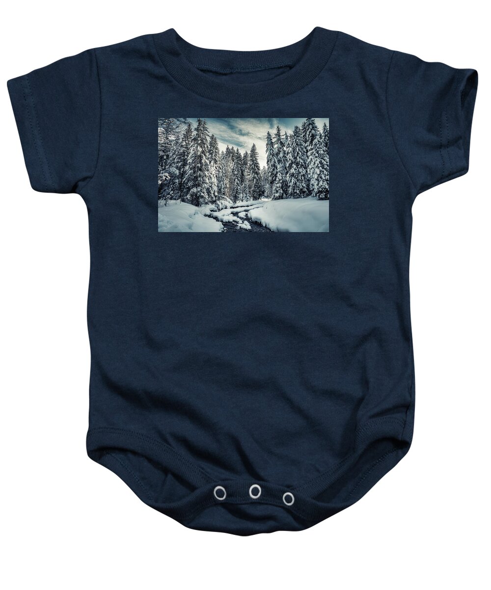 Natural Beauty Baby Onesie featuring the photograph The Natural Path - River Through the Snowy Forest by Benoit Bruchez
