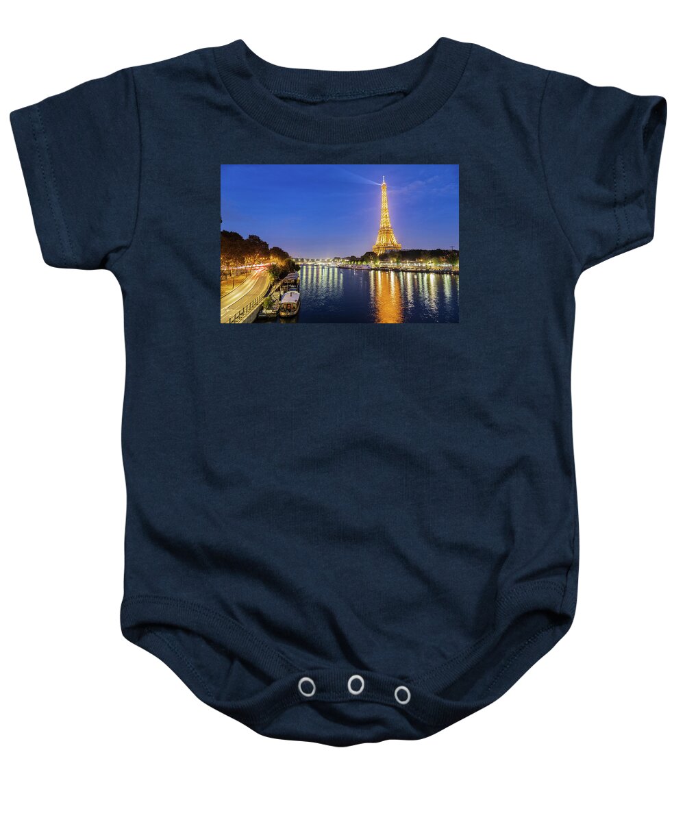 France Baby Onesie featuring the photograph The Seine River by night in Paris, France by Fabiano Di Paolo