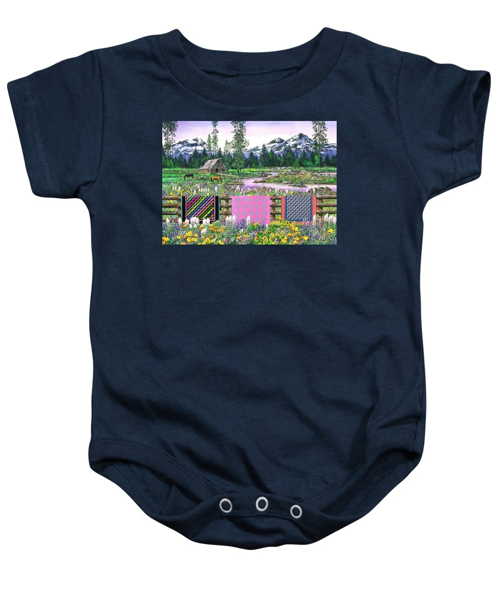 Mountains Baby Onesie featuring the painting Three Sisters Quilts by Diane Phalen