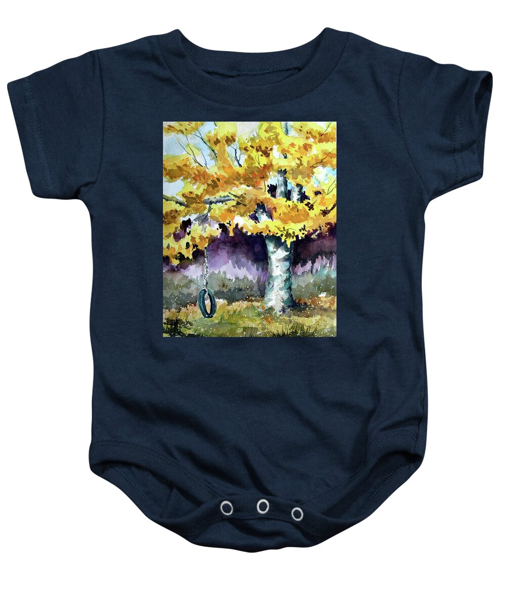 Tire Baby Onesie featuring the painting Tire Swing by Sam Sidders