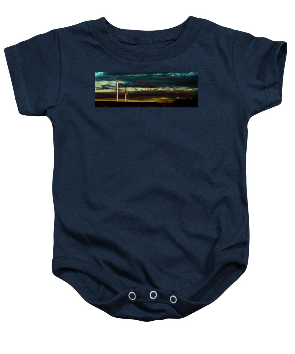 Turbines Baby Onesie featuring the photograph Turbines turn in the Sunset by Max Blinkhorn