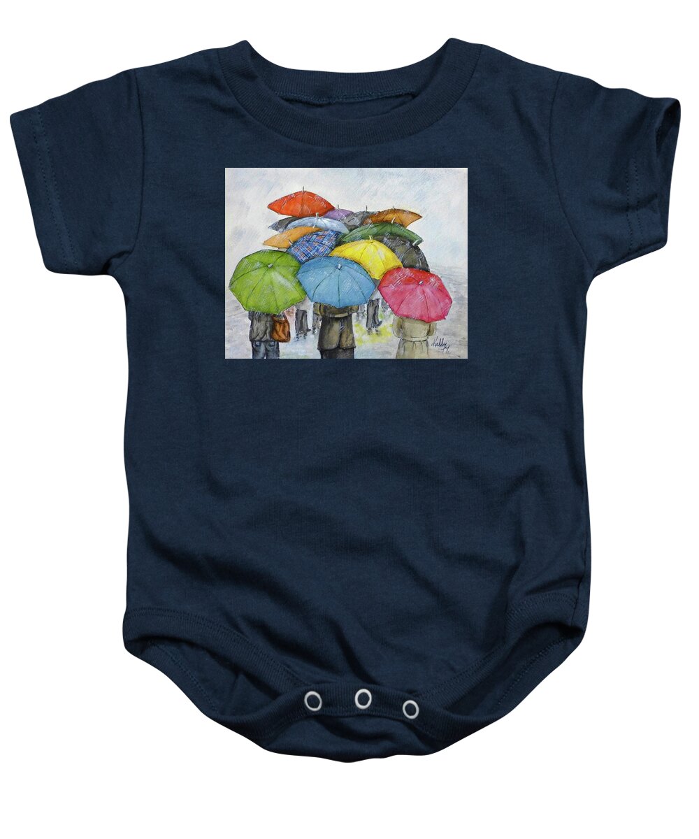 Umbrella Baby Onesie featuring the painting Umbrella Huddle Walk by Kelly Mills