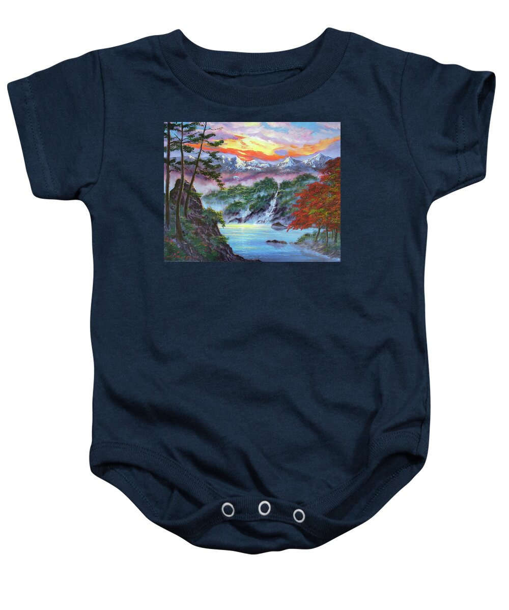 Landscape Baby Onesie featuring the painting Watersounds In The Lake by David Lloyd Glover