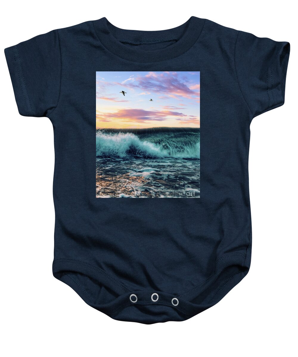 Seagulls Baby Onesie featuring the digital art Waves Crashing At Sunset by Phil Perkins