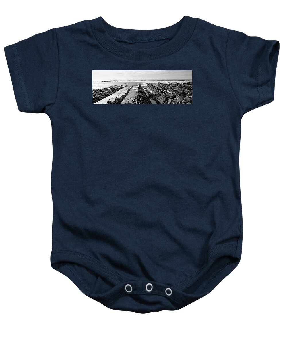 Coast Baby Onesie featuring the photograph Welcombe Mouth beach North Devon South West Coast Path black and white by Sonny Ryse