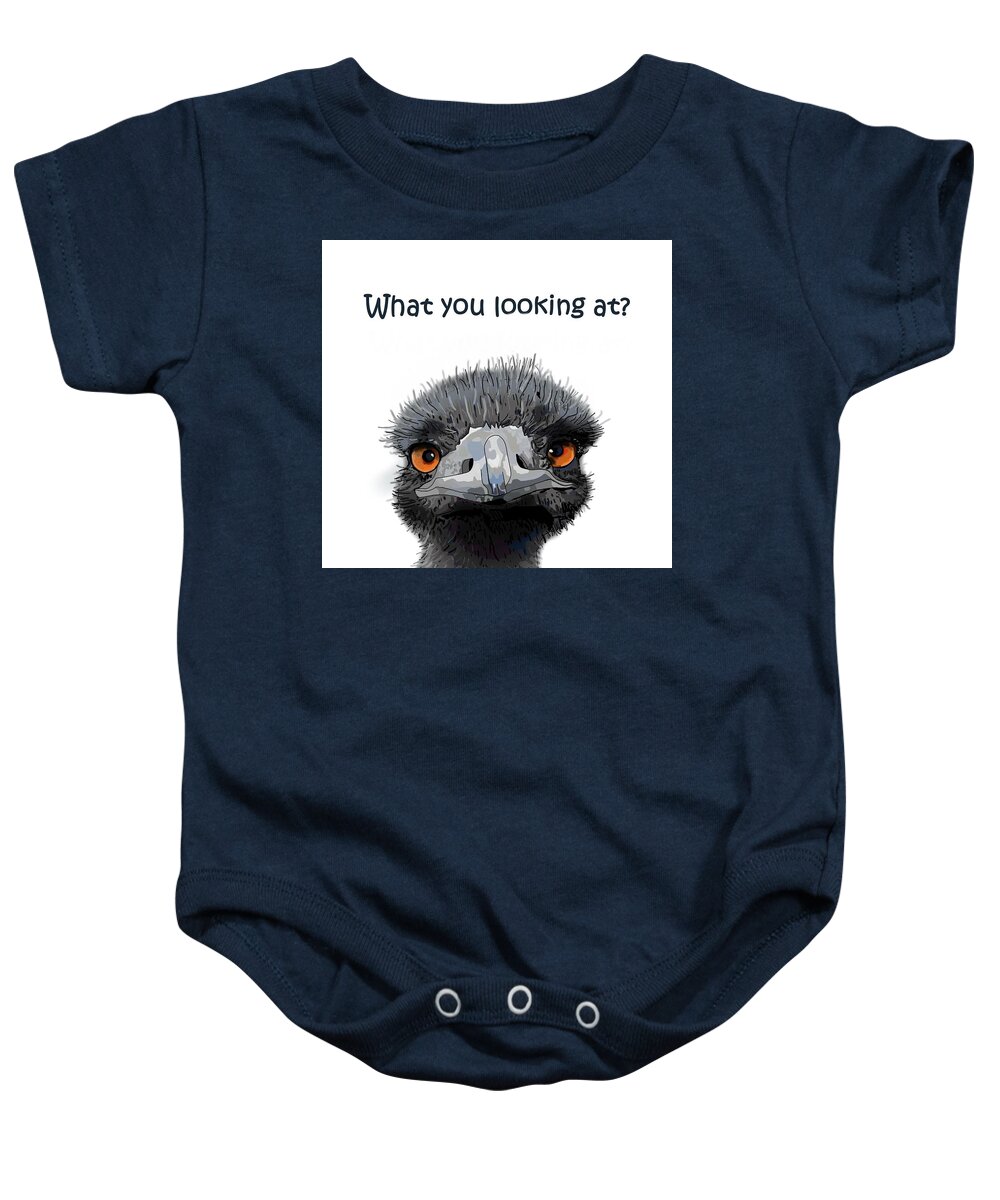Emu Baby Onesie featuring the drawing What you looking at? by Joan Stratton