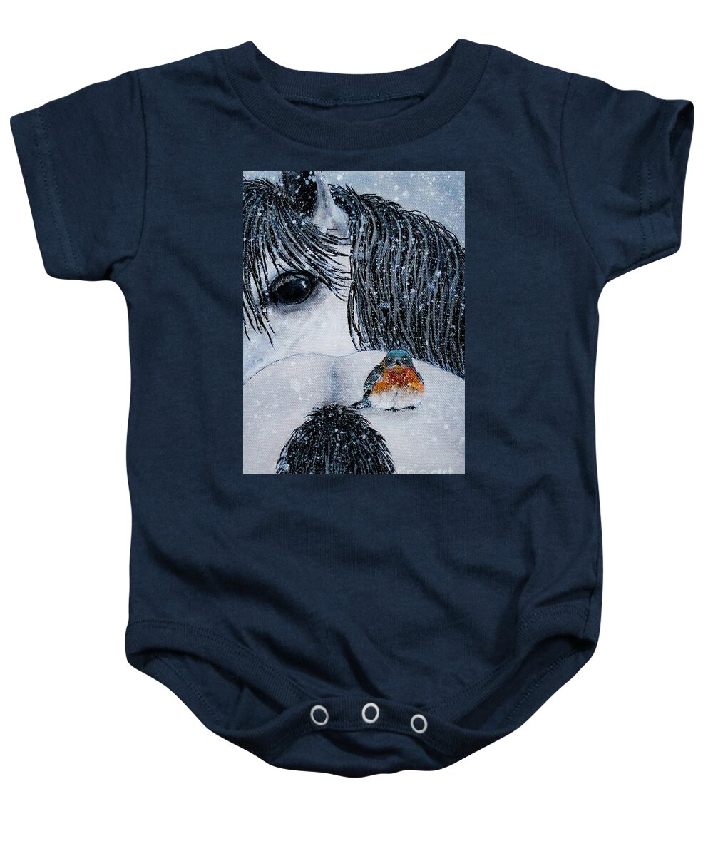 Horse Baby Onesie featuring the painting Winter Pals by Shirley Dutchkowski