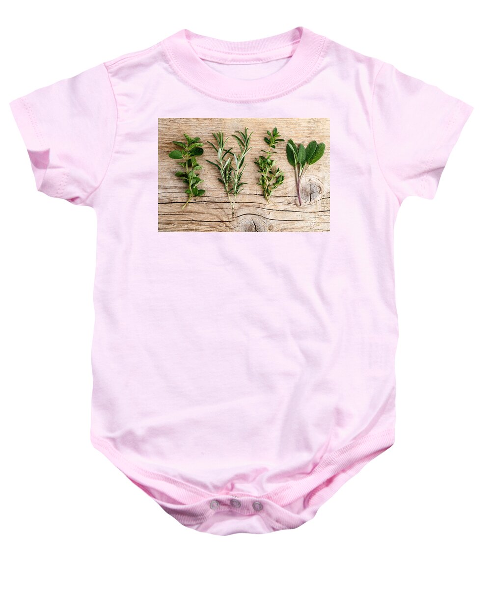 Rosemary Baby Onesie featuring the photograph Assorted fresh Herbs #1 by Nailia Schwarz