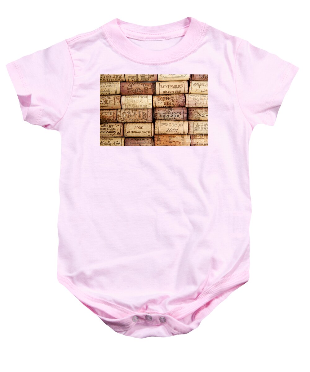 Vertical; Concept; French Wine; Wine; Vintage Wine; A Great Wine; Wine Growing; Heartland; Alcohol; Cork; Vintage; Many; Several; Red Wine; Old; To Drink; Liquid; Pleasure; Enjoyment; Grand Cru; Wine Tasting Session; To Taste; Way Of Life Baby Onesie featuring the photograph Corks #1 by Bernard Jaubert