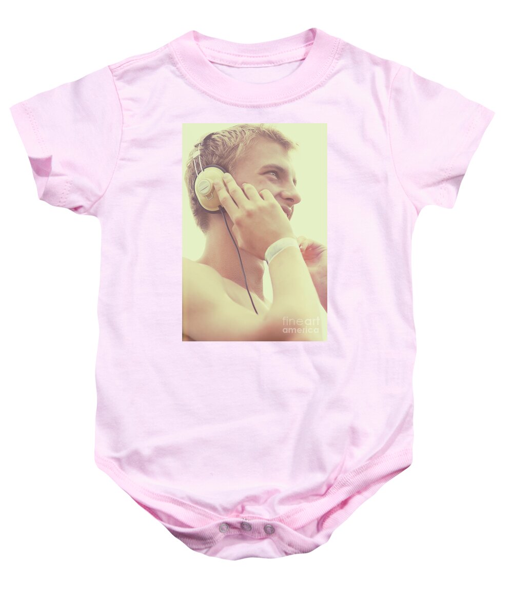 Music Baby Onesie featuring the photograph Retro summer DJ at music festival #1 by Jorgo Photography