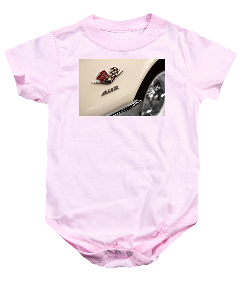 1962 Baby Onesie featuring the photograph 1962 Chevy Bel Air 409 Emblem by Ron Pate