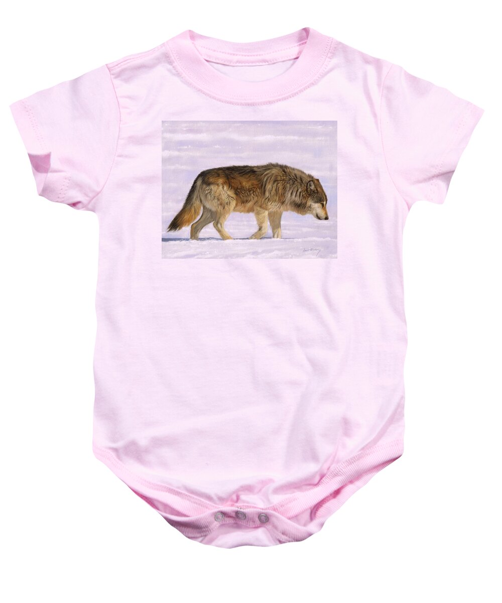 Wolf Baby Onesie featuring the painting Grey Wolf #4 by David Stribbling