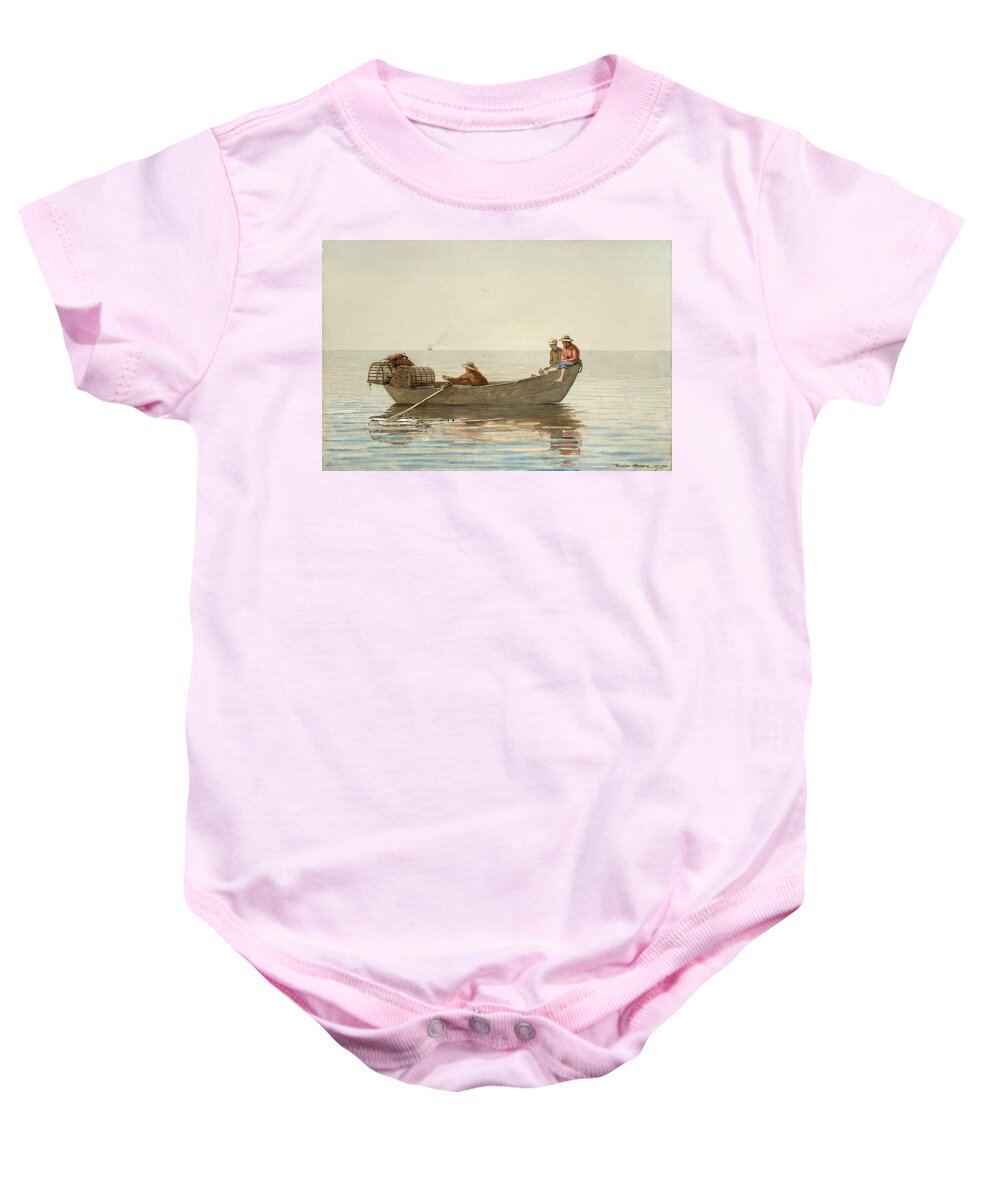 Winslow Homer Baby Onesie featuring the painting Three Boys in a Dory with Lobster Pots #7 by Winslow Homer