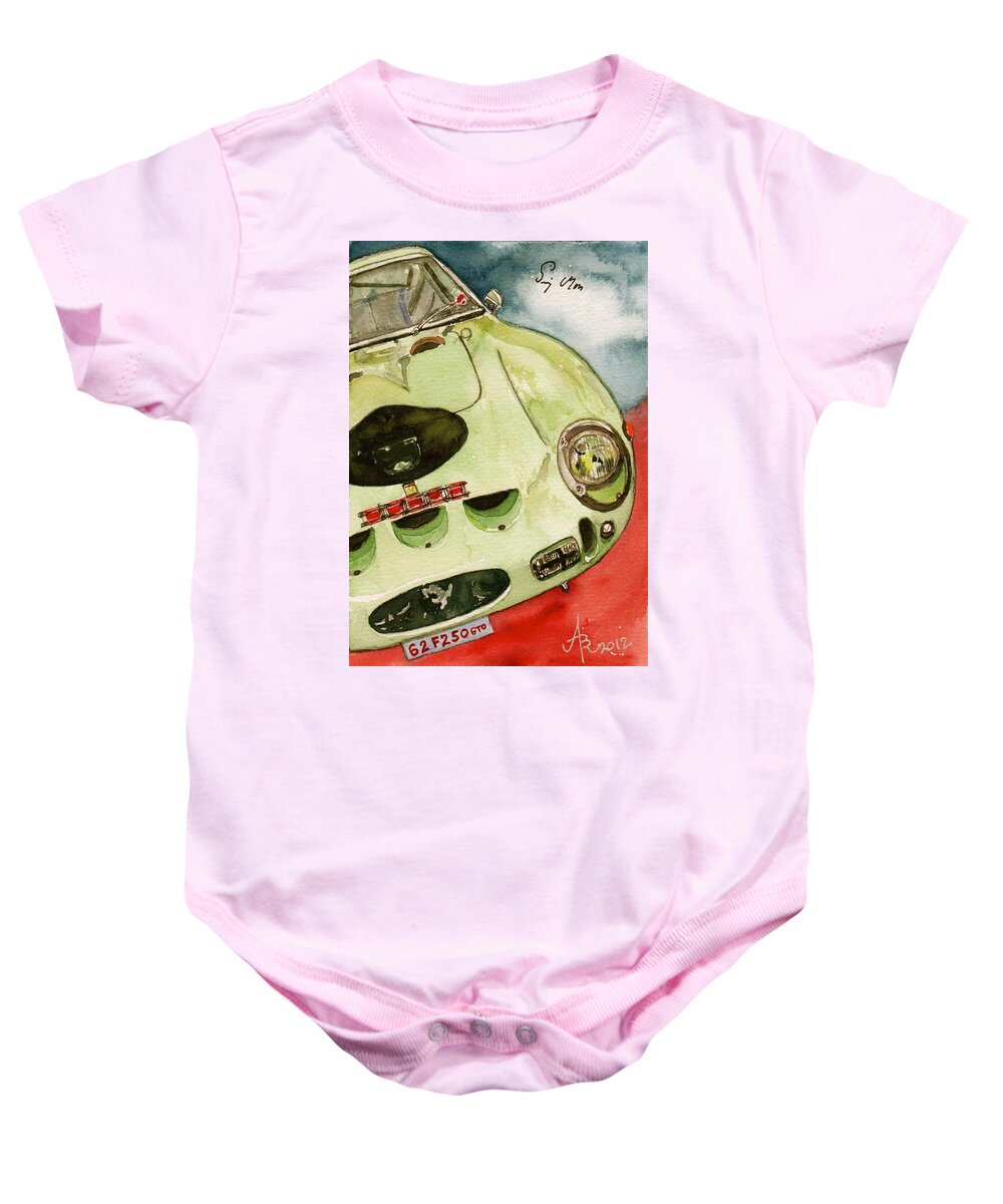 1962 Baby Onesie featuring the painting 62 Ferrari 250 GTO signed by Sir Stirling Moss by Anna Ruzsan