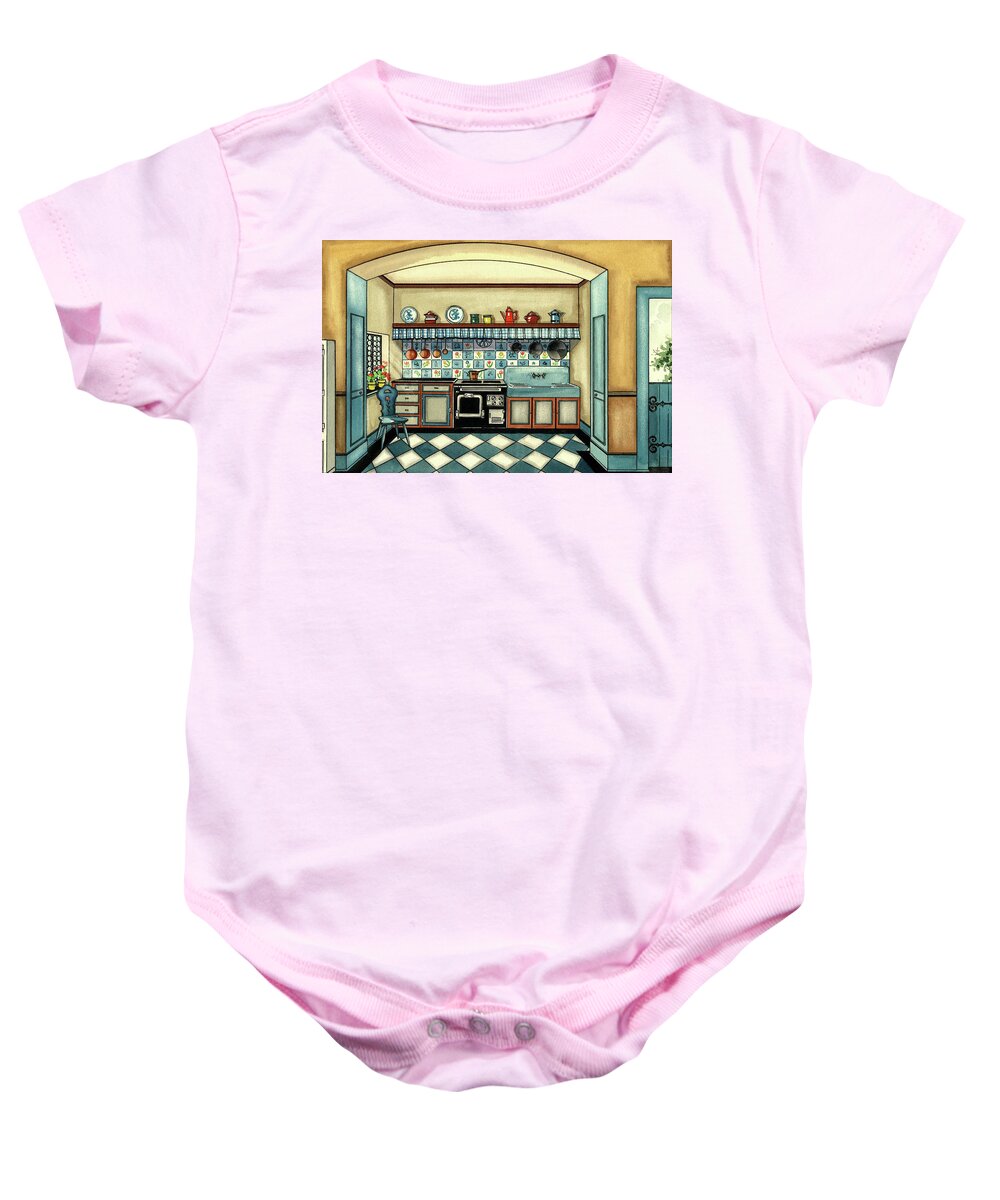 Kitchen Baby Onesie featuring the digital art A Blue Kitchen With A Tiled Floor by Laurence Guetthoff