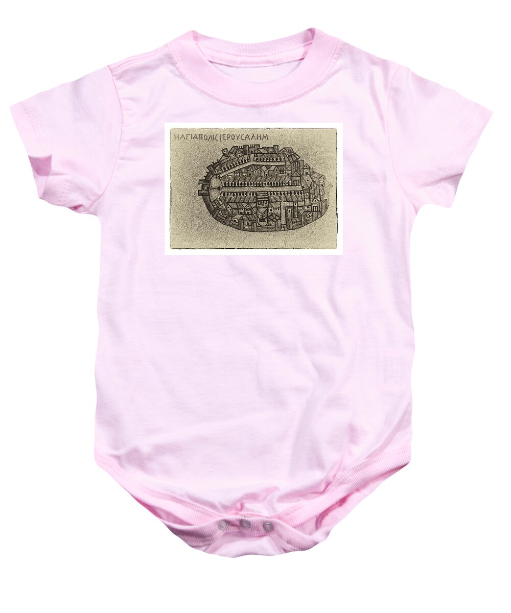 Israel Baby Onesie featuring the photograph Ancient Jerusalem Mosaic Map Antiqued by Mark Fuller