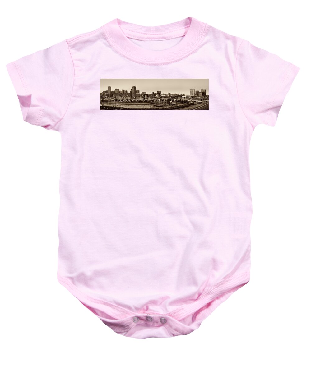 Baltimore Skyline Baby Onesie featuring the photograph Baltimore Skyline Panorama In Sepia by Susan Candelario