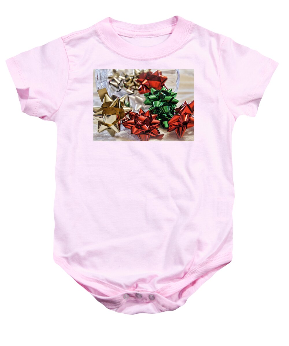Bows Baby Onesie featuring the photograph Baubles and Bows by Cricket Hackmann