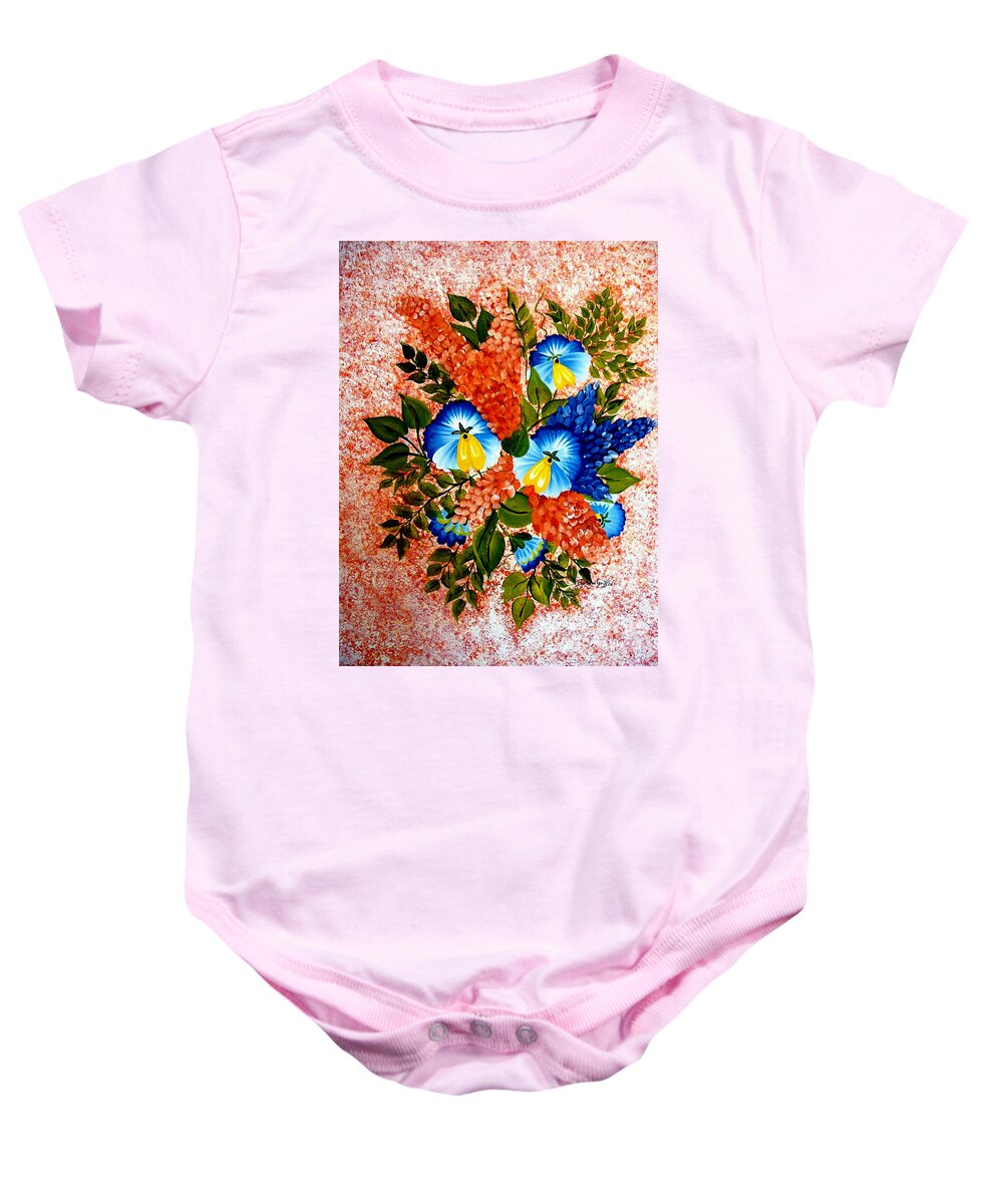Blue Pansies Baby Onesie featuring the painting Blue Pansies Bouquet by Barbara A Griffin