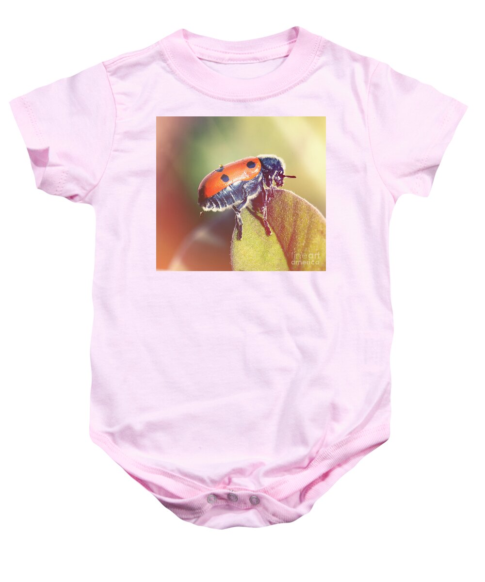 Bug Red Leaf Retro Light Instagram Square Nature Insect Green Life Greenery Dots Points Lady Bug Light Leak Baby Onesie featuring the photograph Bug on a leaf by Perry Van Munster