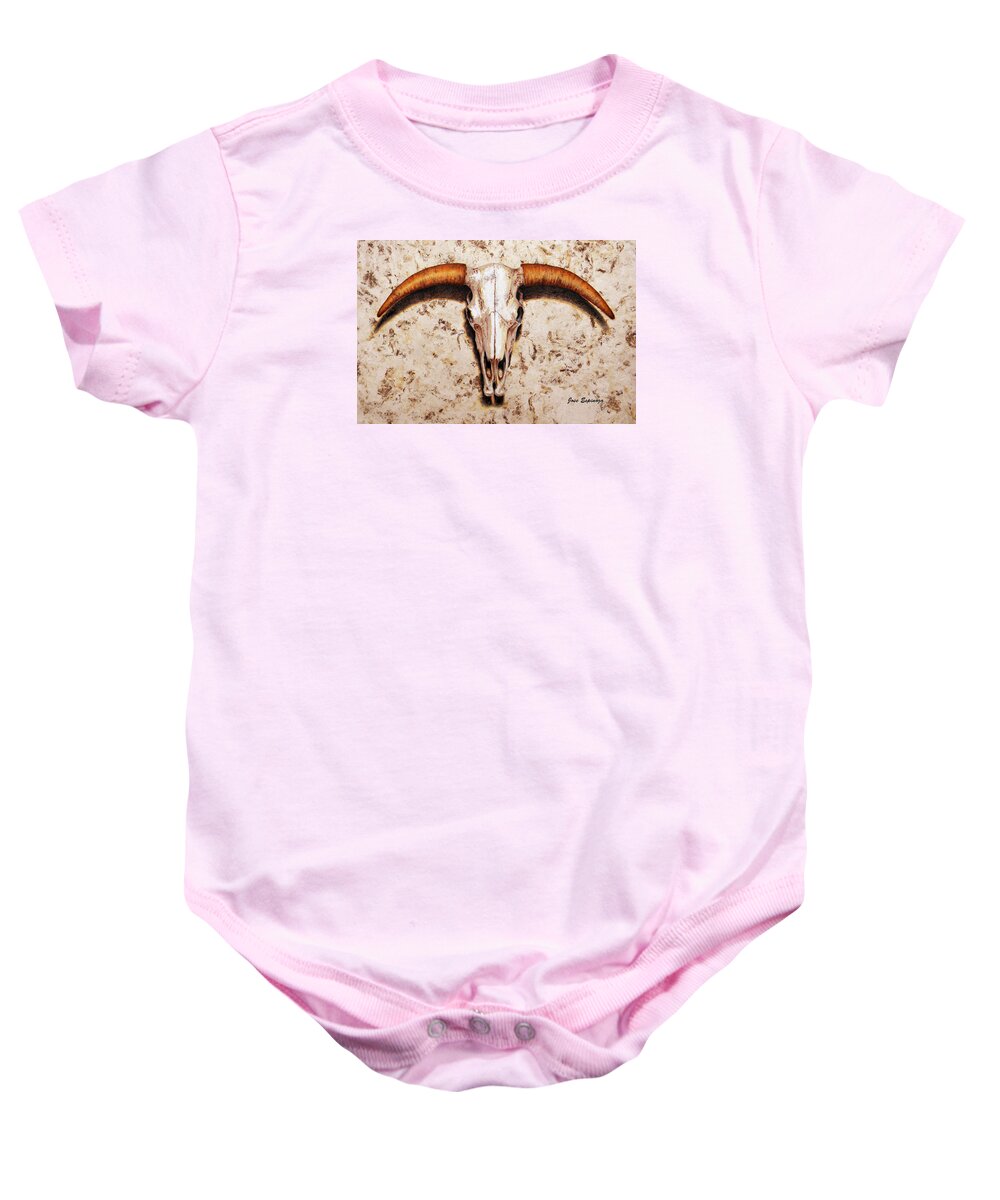  Bull Baby Onesie featuring the painting B U L L  . S K U L L by J U A N - O A X A C A