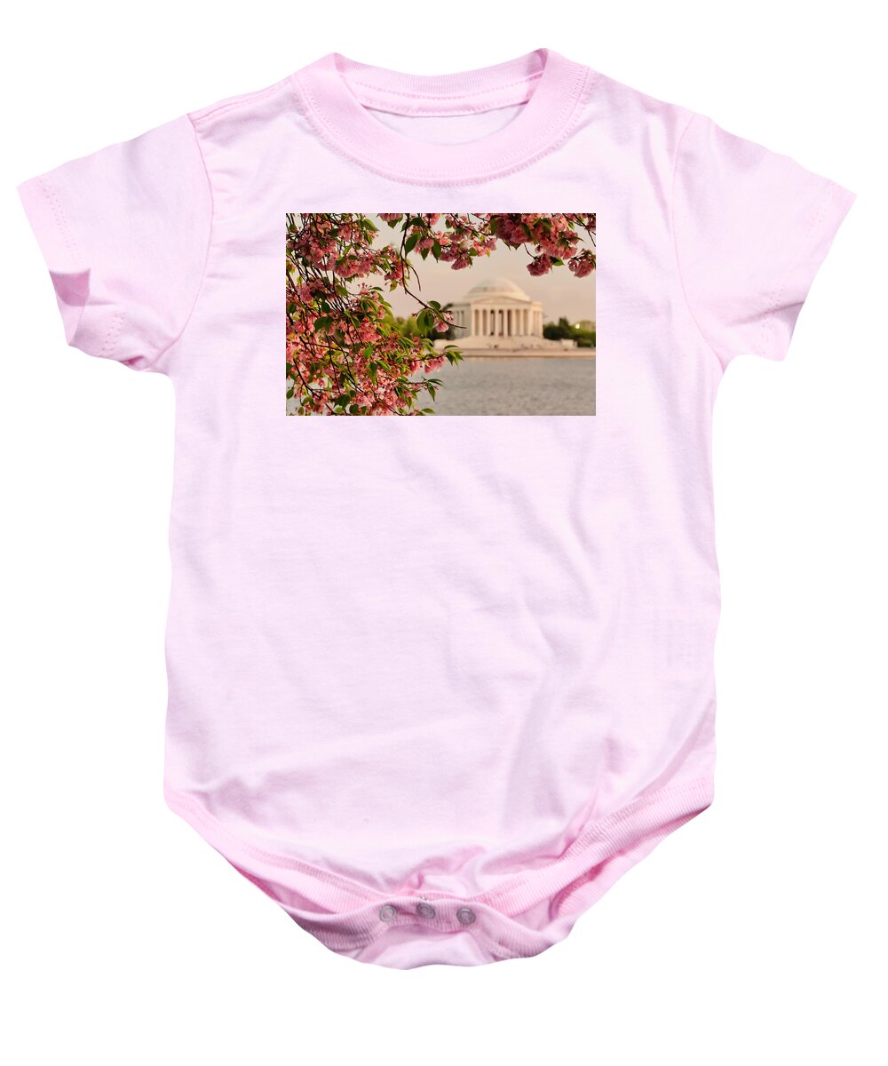 America Baby Onesie featuring the photograph Cherry Blossoms Framing the Jefferson Memorial by Mitchell R Grosky